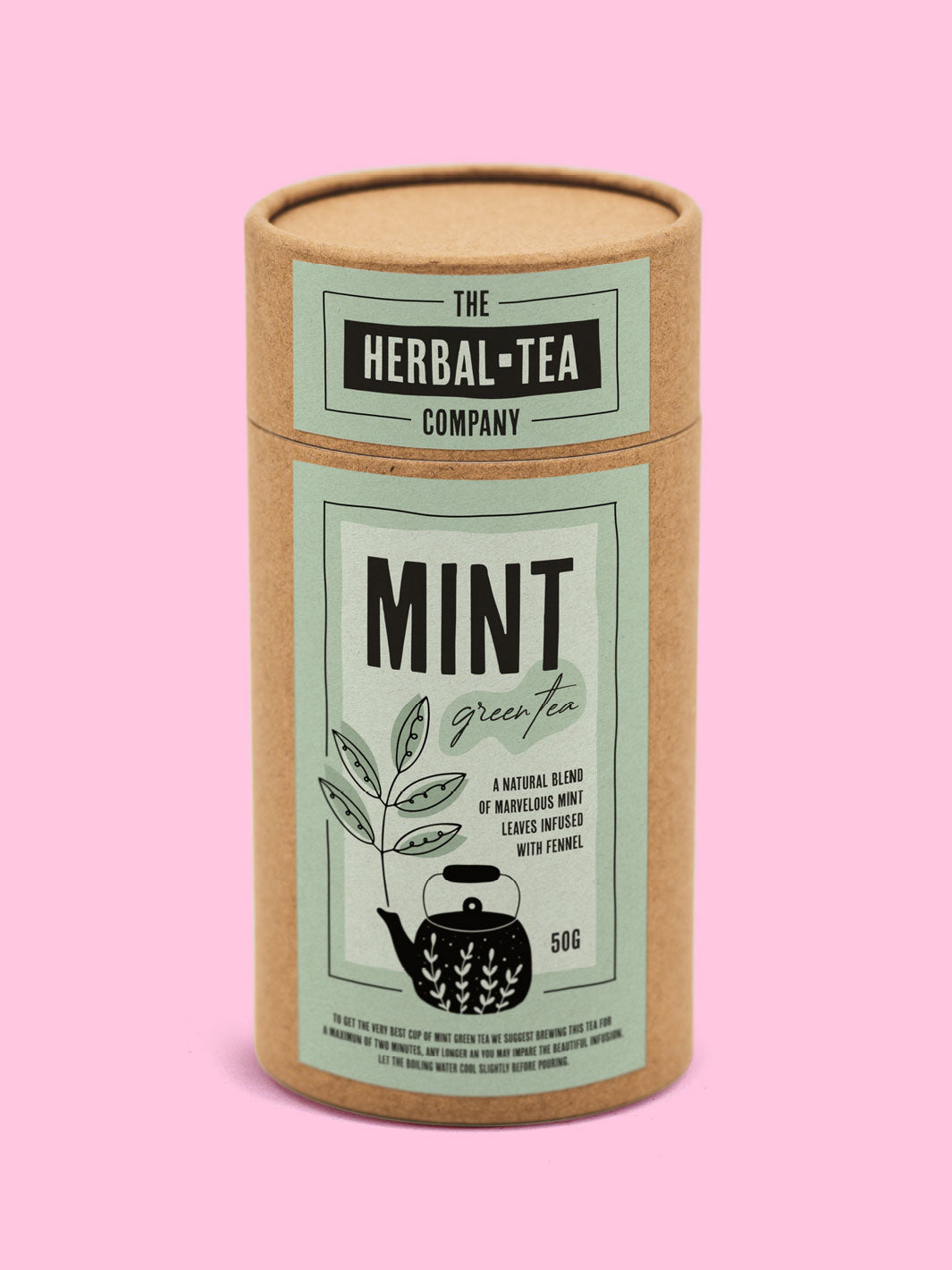 Labelled custom tea packaging on a pink background. 